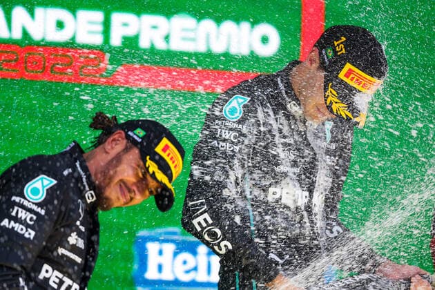 Podium: HAMILTON Lewis (gbr), Mercedes AMG F1 Team W13, RUSSELL George (gbr), Mercedes AMG F1 Team W13, portrait during the Formula 1 Heineken Grande Premio de Sao Paulo 2022, Sao Paulo Grand Prix Grand Prix 2022, 21st round of the 2022 FIA Formula One World Championship, WM, Weltmeisterschaft from November 11 to 13, 2022 on the Interlagos Circuit, in Sao Paulo, Brazil - F1 - SAO PAULO GRAND PRIX 2022 - RACE DPPI Panoramic  20221113_GOOD6140