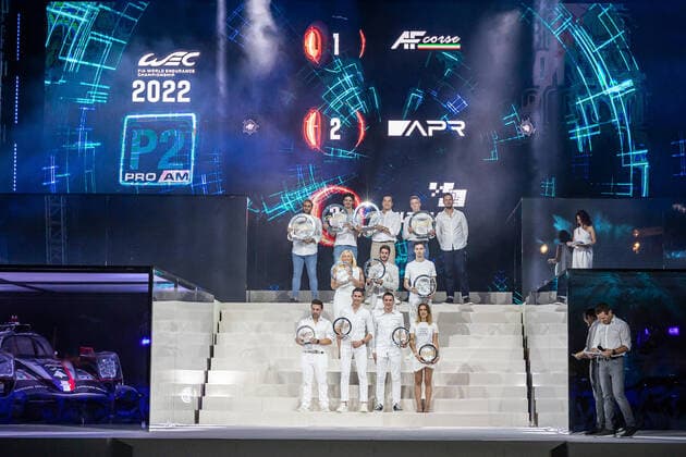 2022 FIA WEC LMP2 PRO-AM PODIUM: 83 AF CORSE (ITA) ORECA 07 GIBSON (LMP2 PRO AM) - FRANÃ‡OIS PERRODO (FRA) NICKLAS NIELSEN (DNK) ALESSIO ROVERA (ITA) - 45 ALGARVE PRO RACING (PRT) ORECA 07 GIBSON (LMP2) - STEVEN THOMAS (USA) JAMES ALLEN (AUS) RENE BINDER (AUT) - 35 ULTIMATE (FRA) ORECA 07 GIBSON (LMP2 PRO AM) - JEAN-BAPTISTE LAHAYE (FRA) MATTHIEU LAHAYE (FRA) FRANÃ‡OIS HERIAU (FRA) DURING THE 2022 FIA WORLD ENDURANCE CHAMPIONSHIP (FIA WEC) AWARDS CEREMONY, SOFITEL BAHRAIN ZALLAQ, ZALLAQ, BAHRAIN, NOVEMBER 13 2022 AUTOMOBILE : FIA WEC 2022 - CEREMONIE DE REMISE DES PRIX - 13 11 2022 MPSAgency Panoramic 