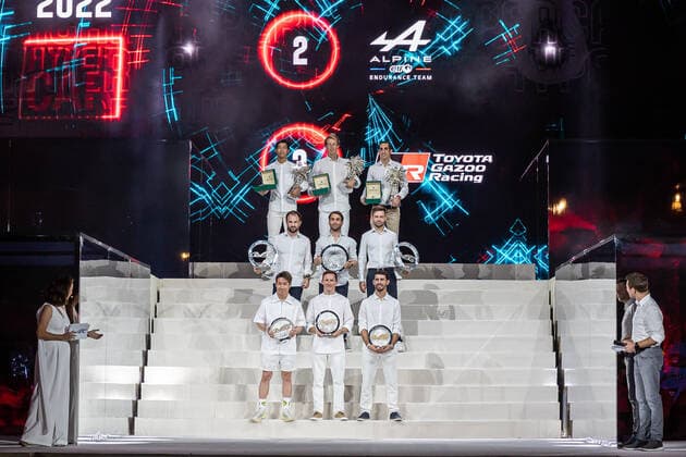 2022 DRIVERS PODIUM: 8 TOYOTA GAZOO RACING (JPN) TOYOTA GR010 - HYBRID HYBRID (HYPERCAR) - SEBASTIEN BUEMI (CHE) BRENDON HARTLEY (NZL) RYO HIRAKAWA (JPN) - 36 ALPINE ELF TEAM (FRA) ALPINE A480 - GIBSON (HYPERCAR) - ANDRE NEGRoO (BRA) NICOLAS LAPIERRE (FRA) MATTHIEU VAXIVIERE (FRA) - 7 TOYOTA GAZOO RACING (JPN) TOYOTA GR010 - HYBRID HYBRID (HYPERCAR) - MIKE CONWAY (GBR) KAMUI KOBAYASHI (JPN) JOSE MARIA LOPEZ DURING THE 2022 FIA WORLD ENDURANCE CHAMPIONSHIP (FIA WEC) AWARDS CEREMONY, SOFITEL BAHRAIN ZALLAQ, ZALLAQ, BAHRAIN, NOVEMBER 13 2022 AUTOMOBILE : FIA WEC 2022 - CEREMONIE DE REMISE DES PRIX - 13 11 2022 MPSAgency Panoramic 