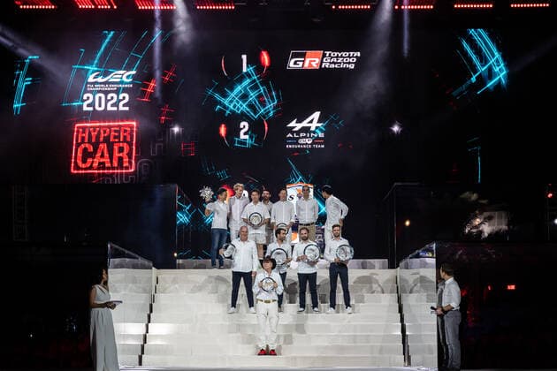 2022 HYPERCAR PODIUM: TOYOTA GAZOO RACING (JPN) - ALPINE ELF TEAM (FRA) - GLICKENHAUS RACING (USA) DURING THE 2022 FIA WORLD ENDURANCE CHAMPIONSHIP (FIA WEC) AWARDS CEREMONY, SOFITEL BAHRAIN ZALLAQ, ZALLAQ, BAHRAIN, NOVEMBER 13 2022 AUTOMOBILE : FIA WEC 2022 - CEREMONIE DE REMISE DES PRIX - 13 11 2022 MPSAgency Panoramic 
