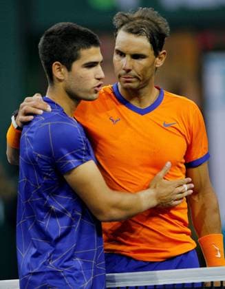 Mandatory Credit: Photo by Ella Ling Shutterstock (12853675at) Rafael Nadal of Spain hugs Carlos Alcaraz of Spain BNP Paribas Open, Tennis, Day 11, Indian Wells Tennis Garden, California, USA - 19 Mar 2022 BNP Paribas Open, Tennis, Day 11, Indian Wells Tennis Garden, California, USA - 19 Mar 2022 Copyright: xEllaxLing Shutterstockx 12853675at