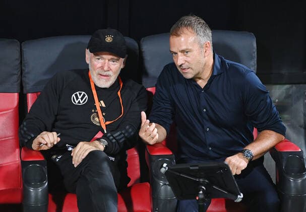 FOOTBALL World Cup 2022 Test Match in Oman 16 11 2022 Oman Germany Co Coach Hermann Gerland li and National Coach Hansi Flick r