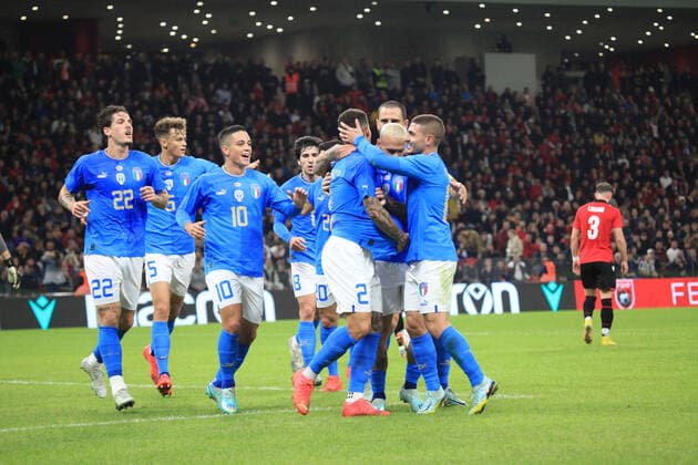 Giovanni Di Lorenzo of Italy celebrating with team mates after a goal during the football friendly football game between the national teams of Albania and Italy, at Air Albania Stadium on 16 November 2022, Tirana, Albania. Photo Nderim Kaceli  Copyright: xNderimxKacelix xipa-agency.netx xLivexMediax 0 IPA_IPA34537217