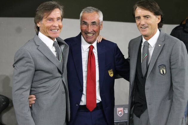 Roberto Mancini head coach of Italy with Edoardo Reja head coach of Albania and Gabriele Oriali Team manager of Italy during the football friendly football game between the national teams of Albania and Italy, at Air Albania Stadium on 16 November 2022, Tirana, Albania. Photo Nderim Kaceli  Copyright: xNderimxKacelix xipa-agency.netx xLivexMediax 0 IPA_IPA34537241