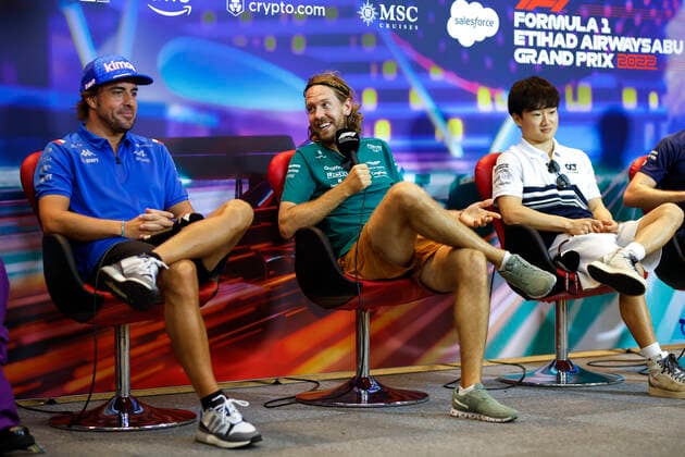 14 Fernando Alonso ESP, BWT Alpine F1 Team , 5 Sebastian Vettel DEU, Aston Martin Aramco Cognizant F1 Team , 22 Yuki Tsunoda JPN, Scuderia AlphaTauri , F1 Grand Prix of Abu Dhabi at Yas Marina Circuit on November 17, 2022 in Abu Dhabi, United Arab Emirates Photo by HOCH ZWEI Abu Dhabi United Arab Emirates