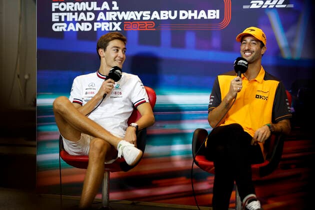 63 George Russell GBR, Mercedes AMG Petronas F1 Team , 3 Daniel Ricciardo AUS, McLaren F1 Team , F1 Grand Prix of Abu Dhabi at Yas Marina Circuit on November 17, 2022 in Abu Dhabi, United Arab Emirates Photo by HOCH ZWEI Abu Dhabi United Arab Emirates