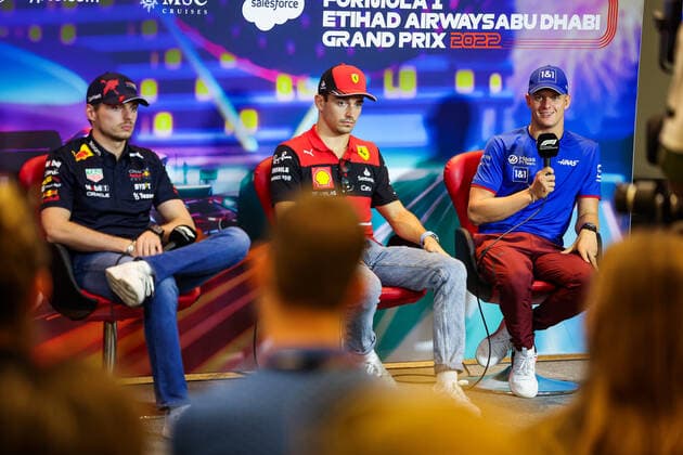VERSTAPPEN Max (ned), Red Bull Racing RB18, LECLERC Charles (mco), Scuderia Ferrari F1-75, SCHUMACHER Mick (ger), Haas F1 Team VF-22 Ferrari, portrait during the Formula 1 Etihad Airways Abu Dhabi Grand Prix 2022, 22nd round of the 2022 FIA Formula One World Championship, WM, Weltmeisterschaft from November 18 to 20, 2022 on the Yas Marina Circuit, in Yas Island, Abu Dhabi - F1 - ABU DHABI GRAND PRIX 2022 DPPI Panoramic 20221117_GOOD6707