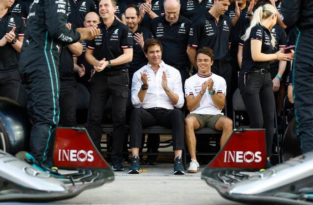 Toto Wolff AUT, Mercedes AMG Petronas F1 Team , Nyck de Vries NLD, Mercedes AMG Petronas F1 Team , F1 Grand Prix of Abu Dhabi at Yas Marina Circuit on November 17, 2022 in Abu Dhabi, United Arab Emirates Photo by HOCH ZWEI Abu Dhabi United Arab Emirates