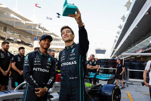 44 Lewis Hamilton GBR, Mercedes AMG Petronas F1 Team , 63 George Russell GBR, Mercedes AMG Petronas F1 Team , F1 Grand Prix of Abu Dhabi at Yas Marina Circuit on November 17, 2022 in Abu Dhabi, United Arab Emirates Photo by HOCH ZWEI Abu Dhabi United Arab Emirates