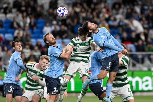 17th November 2022; Allianz Stadium, Sydney, NSW, Australia: Sydney Super Cup, Sydney FC versus Celtic; Connor O Toole of Sydney FC and Rhyan Grant of Sydney FC try to win the header against Rocco Vata of Celtic  ActionPlus12450033 NigelxOwen