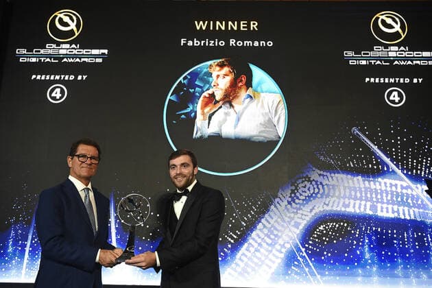 Foto Fabio Ferrari LaPresse - 17 Novembre 2022 - Dubai, Emirati Arabi Uniti - - Calcio -17ma edizione di Dubai International Sports Conference - Globe Soccer Awards 2022. Nella foto: Fabrizio Romano - Best football journalist con Fabio Capello November 17, 2022 Dubai, United Arab Emirates - sport - Soccer - 17th edition of the Dubai International Sports Conference - Globe Soccer Awards 2022. In the pic: Fabrizio Romano - Best football journalist with Fabio Capello  Copyright: xFabioxFerrari LaPressex