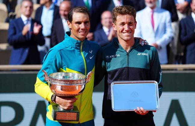 Mandatory Credit: Photo by Javier Garcia Shutterstock (12960016en) Rafael Nadal and Casper Ruud with their trophies French Open Tennis, Day 15, Roland Garros, Paris, France - 05 Jun 2022 French Open Tennis, Day 15, Roland Garros, Paris, France - 05 Jun 2022  Copyright: xJavierxGarcia Shutterstockx 12960016en