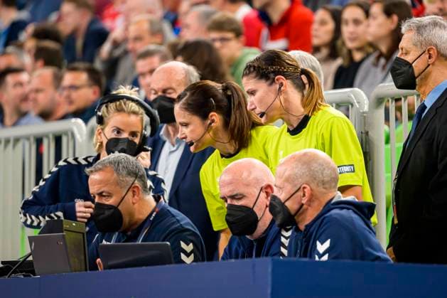 Ljubljana, 18 November 2022 Handball EHF European Championship, Semi Final, Norway vs France Referee Maike Merz, Referee Tanja Kuttler at Video Replay Ljubljana Stozice Arena Slovenia