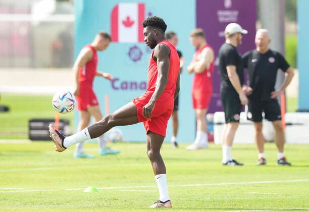 November 19, 2022, DOHA, QATAR: Canada defender Alphonso Davies kicks the ball during practice ahead of the World Cup in Doha, Qatar on Saturday, November 19, 2022. Canada News - November 19, 2022  - ZUMAc35_ 20221119_zaf_c35_029 Copyright: xNathanxDenettex