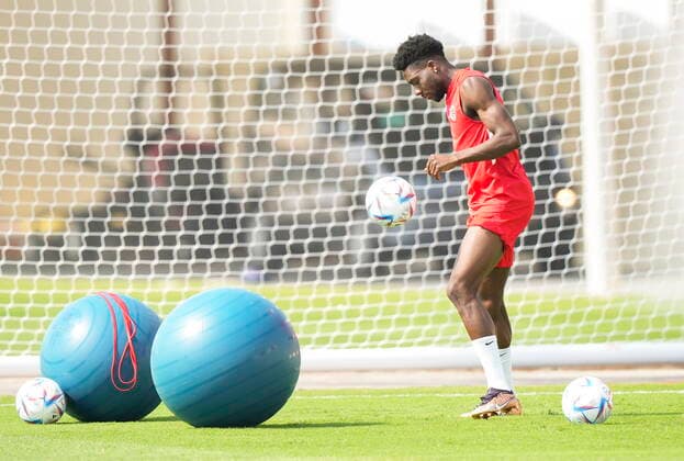 November 19, 2022, DOHA, QATAR: Canada defender Alphonso Davies kicks the ball during practice ahead of the World Cup in Doha, Qatar on Saturday, November 19, 2022. Canada News - November 19, 2022  - ZUMAc35_ 20221119_zaf_c35_034 Copyright: xNathanxDenettex