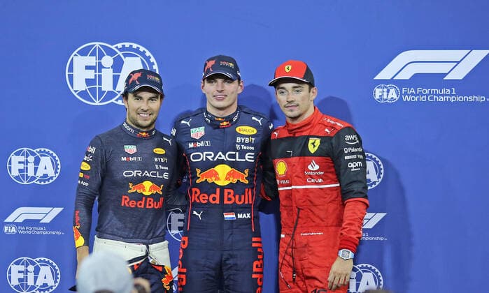 19th November 2022; Yas Marina Circuit, Yas Island, Abu Dhabi; Pole podium shows 2nd placed Sergio Perez (MEX) Oracle Red Bull Racing RB18, pole winner Max Verstappen (NED) Oracle Red Bull Racing RB18 and 3rd placed Charles Leclerc (MON) Scuderia Ferrari F1-75, at the Abu Dhabi F1 Grand Prix quaifications  ActionPlus12450570 HeulerxAndrey