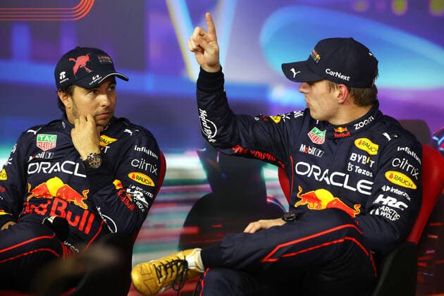 PEREZ Sergio (mex), Red Bull Racing RB18, VERSTAPPEN Max (ned), Red Bull Racing RB18, portrait, press conference, PK, Pressekonferenz during the Formula 1 Etihad Airways Abu Dhabi Grand Prix 2022, 22nd round of the 2022 FIA Formula One World Championship, WM, Weltmeisterschaft from November 18 to 20, 2022 on the Yas Marina Circuit, in Yas Island, Abu Dhabi - F1 - ABU DHABI GRAND PRIX 2022 DPPI Panoramic GP2222_151853177A8143