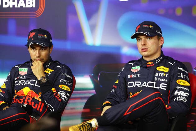 PEREZ Sergio (mex), Red Bull Racing RB18, VERSTAPPEN Max (ned), Red Bull Racing RB18, portrait, press conference, PK, Pressekonferenz during the Formula 1 Etihad Airways Abu Dhabi Grand Prix 2022, 22nd round of the 2022 FIA Formula One World Championship, WM, Weltmeisterschaft from November 18 to 20, 2022 on the Yas Marina Circuit, in Yas Island, Abu Dhabi - F1 - ABU DHABI GRAND PRIX 2022 DPPI Panoramic GP2222_151855177A8165