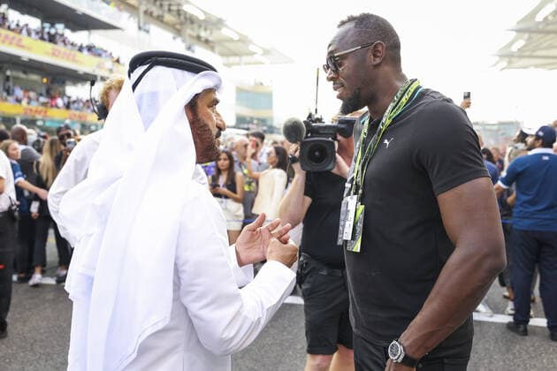 BEN SULAYEM Mohammed (uae), President of the FIA, portrait, BOLT Usain (jam), Olympic Champion during the Formula 1 Etihad Airways Abu Dhabi Grand Prix 2022, 22nd round of the 2022 FIA Formula One World Championship, WM, Weltmeisterschaft from November 18 to 20, 2022 on the Yas Marina Circuit, in Yas Island, Abu Dhabi - F1 - ABU DHABI GRAND PRIX 2022 - RACE DPPI Panoramic  00122050_G00D1352.JPG