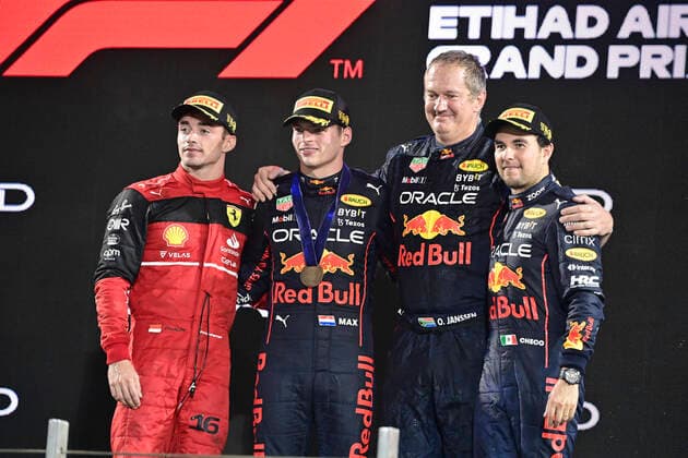 16 Charles Leclerc MCO, Scuderia Ferrari , 1 Max Verstappen NLD, Oracle Red Bull Racing , Olaf Janssen Oracle Red Bull Racing , 11 Sergio Perez MEX, Oracle Red Bull Racing , F1 Grand Prix of Abu Dhabi at Yas Marina Circuit on November 20, 2022 in Abu Dhabi, United Arab Emirates Photo by HOCH ZWEI Abu Dhabi United Arab Emirates