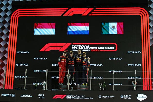 20th November 2022; Yas Marina Circuit, Yas Island, Abu Dhabi; 2nd placed Charles Leclerc (MON) Scuderia Ferrari F1-75, winner Max Verstappen (NED) Oracle Red Bull Racing RB18 and 3rd placed Sergio Perez (MEX) Oracle Red Bull Racing RB18 after the F1 Grand Prix Race day for Abu Dhabi F1 Race  ActionPlus12451443 HeulerxAndrey