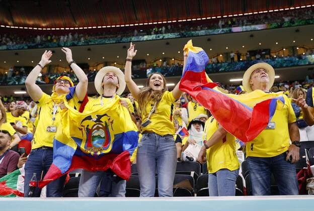 Football: World Cup opening day Ecuador fans in the stands wait for the start of the World Cup Group A football match between Qatar and Ecuador at Al Bayt Stadium in Al Khor, Qatar, on Nov. 20, 2022.  A14AA0001357785P 