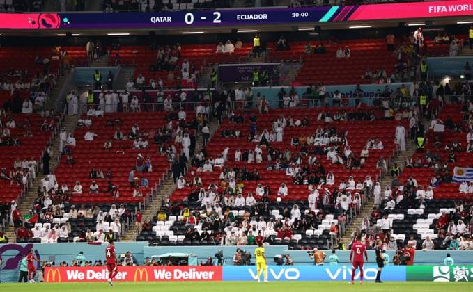 Al Khor, Qatar, 20th November 2022. Fans didn?t turn up to watch the second half of the game during the FIFA World Cup, WM, Weltmeisterschaft, Fussball 2022 match at Al Bayt Stadium, Al Khor. Picture credit should read: David Klein Sportimage EDITORIAL USE ONLY. No use with unauthorised audio, video, data, fixture lists, club league logos or live services. Online in-match use limited to 120 images, no video emulation. No use in betting, games or single club league player publications. SPI-2048-0104