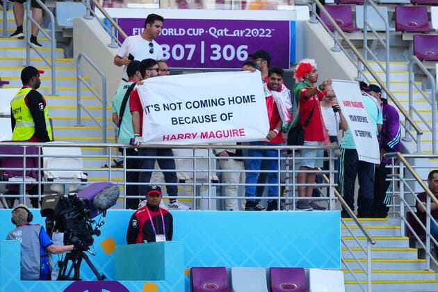 Mandatory Credit: Photo by Javier Garcia Shutterstock (13626340c) Iran fans with banners. England v Iran, FIFA World Cup, WM, Weltmeisterschaft, Fussball 2022, Group B, Football, Khalifa International Stadium, Ar-Rayyan, Qatar - 21 Nov 2022 Editorial Use Only England v Iran, FIFA World Cup 2022, Group B, Football, Khalifa International Stadium, Ar-Rayyan, Qatar - 21 Nov 2022 Editorial Use Only  Copyright: xJavierxGarcia Shutterstockx 13626340c