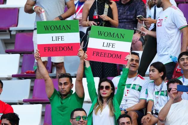 Mandatory Credit: Photo by Javier Garcia Shutterstock (13626340f) Iran fans with political message. England v Iran, FIFA World Cup, WM, Weltmeisterschaft, Fussball 2022, Group B, Football, Khalifa International Stadium, Ar-Rayyan, Qatar - 21 Nov 2022 Editorial Use Only England v Iran, FIFA World Cup 2022, Group B, Football, Khalifa International Stadium, Ar-Rayyan, Qatar - 21 Nov 2022 Editorial Use Only  Copyright: xJavierxGarcia Shutterstockx 13626340f
