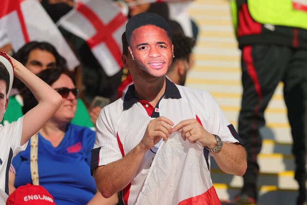 England fan wearing a Raheem Sterling of England mask during the FIFA World Cup, WM, Weltmeisterschaft, Fussball Qatar 2022 match between England and Iran at Khalifa International Stadium, Doha, Qatar on 21 November 2022. Copyright: xPeterxDovganx 34520092