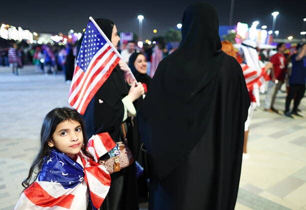QATAR, AL RAYYAN - NOVEMBER 21, 2022: US fans anticipate their national team, Nationalteam s 2022 FIFA World Cup, WM, Weltmeisterschaft, Fussball Group B Round 1 football match against Wales at Ahmad bin Ali Stadium. Sergei Bobylev TASS  56012282