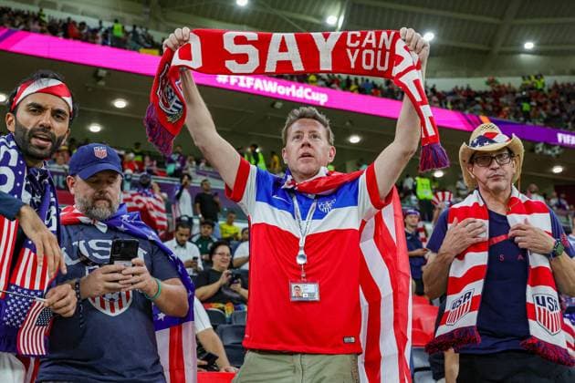 USA v Wales 2022 FIFA World Cup, WM, Weltmeisterschaft, Fussball 21 11 2022. Match Four United States of America fans during the 2022 Fifa World Cup match between USA and Wales at Ahmad bin Ali Stadium, Al Rayyan, Qatar on 21 November 2022. Editorial use only , Copyright: xNigelxKeenex PSI-16402-0032