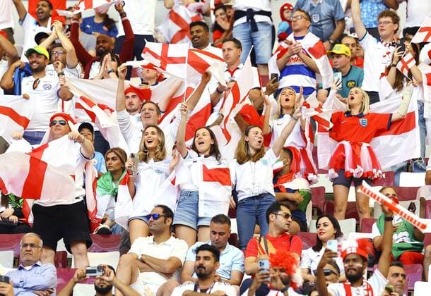 Football World Cup in Qatar Fans wave England flags in the stands prior to the start of a World Cup Group B football game against Iran at Khalifa International Stadium in Doha, Qatar on Nov. 21, 2022.  A14AA0001359737P 