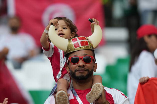 QAT, WM FIFA 2022, Group D, Dänemark vs Tunesien 22.11.2022, Education City Stadium, Doha, QAT, WM FIFA 2022, Group D, Dänemark vs Tunesien, im Bild Dänische Fans feiern auf den Tribünen.. *** QAT, World Cup FIFA 2022, Group D, Denmark vs Tunisia 22 11 2022, Education City Stadium, Doha, QAT, World Cup FIFA 2022, Group D, Denmark vs Tunisia, in picture Danish fans celebrate in the stands nordphotoxGmbHx xBratic nph00250