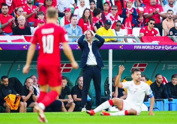 Mandatory Credit: Photo by Javier Garcia Shutterstock (13626437t) Manager Kasper Hjulmand of Denmark reacts as Youssef Msakni of Tunisia appeals from the floor Denmark v Tunisia, FIFA World Cup, WM, Weltmeisterschaft, Fussball 2022, Group D, Football, Education City Stadium, Doha, Qatar - 22 Nov 2022 Editorial Use Only Denmark v Tunisia, FIFA World Cup 2022, Group D, Football, Education City Stadium, Doha, Qatar - 22 Nov 2022 Editorial Use Only Copyright: xJavierxGarcia Shutterstockx 13626437t