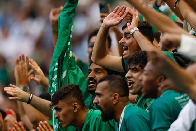 Fans of Arabia Saudi cheer for their team during a FIFA World Cup, WM, Weltmeisterschaft, Fussball soccer match of the group phase between Argentina and Arabia Saudi at Lusail stadium, Qatar, 22 November 2022. Soccer World Cup: Argentina vs. Saudi Arabia !ACHTUNG: NUR REDAKTIONELLE NUTZUNG!  Copyright: xJuanxIgnacioxRoncoronix GR2229 20221122-e6fbb78768118308e51c7b55196f13cc68d4363c