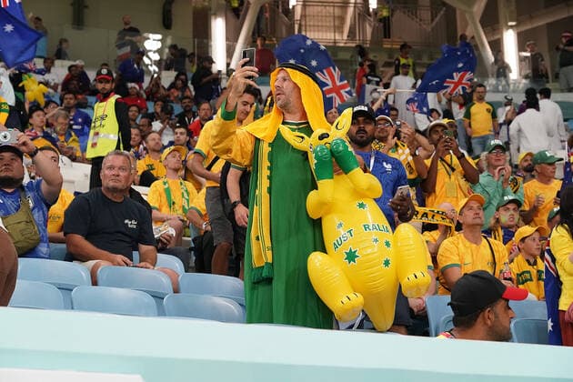 QAT, WM FIFA 2022, Group D, Frankreich vs Australien 22.11.2022, Al Janoub Stadium, Doha, QAT, WM FIFA 2022, Group D, Frankreich vs Australien, im Bild Australische Fans auf den Tribünen.. *** QAT, World Cup FIFA 2022, Group D, France vs Australia 22 11 2022, Al Janoub Stadium, Doha, QAT, World Cup FIFA 2022, Group D, France vs Australia, in picture Australian fans on the stands nordphotoxGmbHx xBratic nph00250