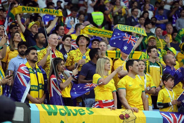 France v Australia 2022 FIFA World Cup, WM, Weltmeisterschaft, Fussball The Australia fans sing the National Anthem before the 2022 FIFA World Cup Group D match at Al Janoub Stadium, Al Wakrah Content Not Available For UK Newspapers Copyright: xPaulxChestertonx FIL-17638-0023 UK Newspapers OUT