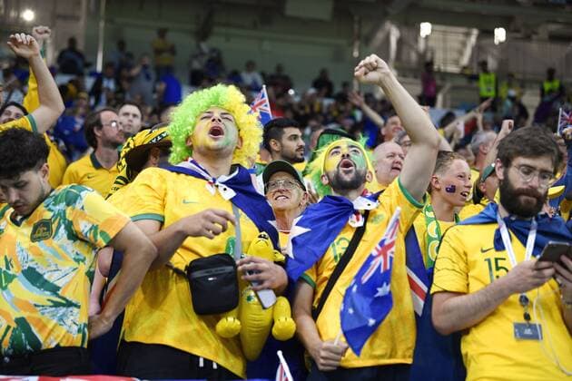 Football World Cup in Qatar Supporters of Australia cheer ahead of a World Cup Group D football match against France at Al Janoub Stadium in Al Wakrah, Qatar, on Nov. 22, 2022.  A14AA0001360544P 