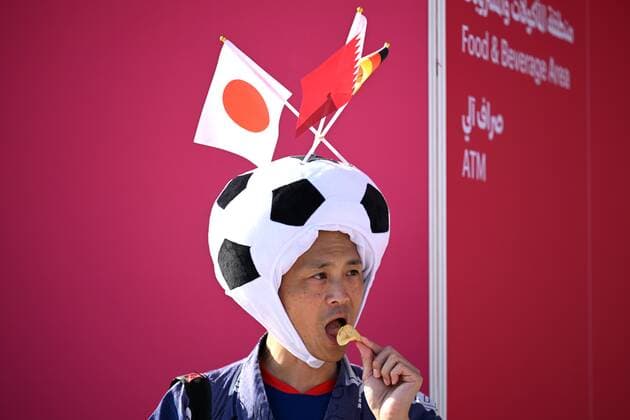 Qatar Soccer World Cup Germany - Japan 8322572 23.11.2022 A Japan s supporter is seen before the start of the Qatar 2022 World Cup Group E soccer match between Germany and Japan at the Khalifa International Stadium in Doha, Qatar. Grigory Sysoev Sputnik Doha Qatar  Copyright: xGrigoryxSysoevx