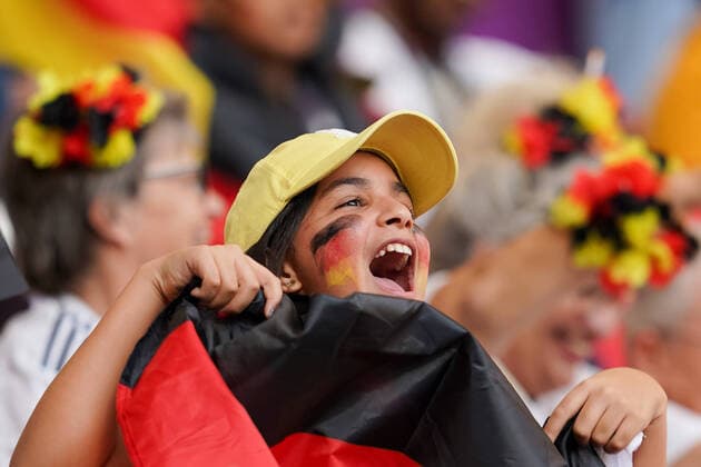 DOHA, QATAR - NOVEMBER 23: Fan of Team Germany with a banner before the FIFA World Cup, WM, Weltmeisterschaft, Fussball Qatar 2022 group E match between Germany and Japan at Khalifa International Stadium on November 23, 2022 in Doha, Qatar. (Photo by Florencia Tan Jun PxImages Icon Sportswire) SOCCER: NOV 23 FIFA World Cup - Japan v Germany Icon221123001