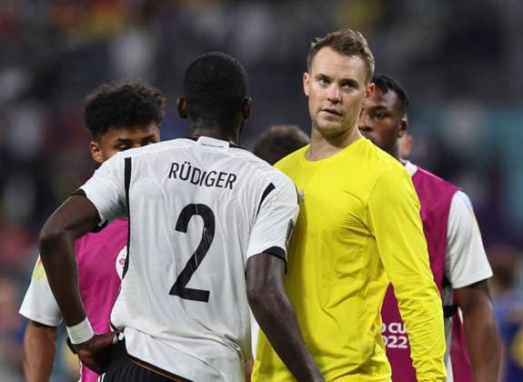 Football - 2022 FIFA World Cup, WM, Weltmeisterschaft, Fussball Qatar - Group E - Round One - Germany vs Japan - Khalifa International Stadium, Al Rayyan - Wednesday 23rd November 2022 Manuel Neuer of Germany is dejected with Antonio Rüdiger of Germany at full time 