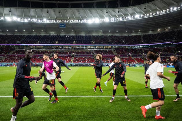 221123 Players of Belgium during warmup ahead of the FIFA World Cup 2022 football match between Belgium and Canada on November 23, 2022 in Doha Photo Joel Marklund PHOTO AGENCY code JM JM0385 bbeng football football soccer fotball vm fotbols vm fotbols vm fotbols vm 2022 fifa world cup 2022 Belgium Belgium Canada Canada,  Copyright: JOELxMARKLUND BB221123JM107