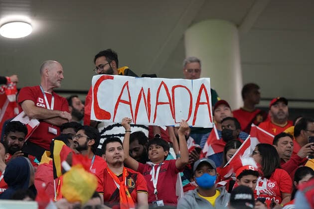 QAT, World Cup FIFA 2022, Group F, Belgium vs Canada 23 11 2022, Khalifa International Stadium, Doha, QAT, World Cup FIFA 2022, Group F, Belgium vs Canada, in the picture fans of the Canadian team on the stands nordphotoxGmbHx xBratic nph00250