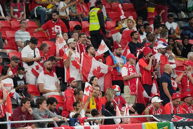 QAT, World Cup FIFA 2022, Group F, Belgium vs Canada 23 11 2022, Khalifa International Stadium, Doha, QAT, World Cup FIFA 2022, Group F, Belgium vs Canada, in the picture fans of the Canadian team on the stands nordphotoxGmbHx xBratic nph00250
