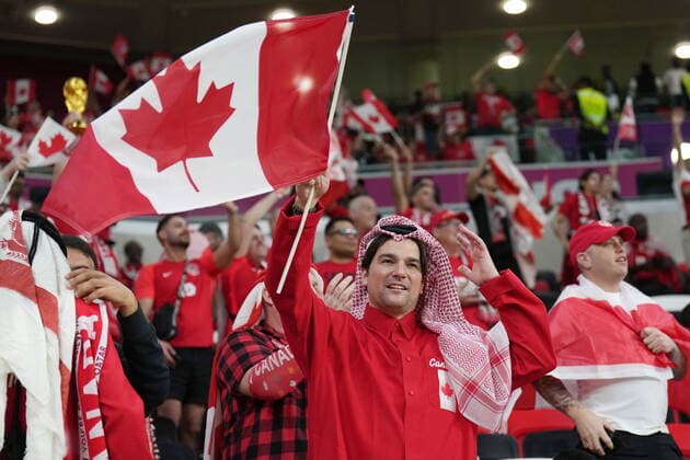 November 23, 2022, Al Rayyan, Qatar: Canada fans cheer as the team arrives on the field to warm up ahead of Group F World Cup soccer action against Belgium at Ahmad bin Ali Stadium in Al Rayyan, Qatar, on Wednesday, Nov. 23, 2022. Canada News - November 23, 2022  - ZUMAc35_ 20221123_zaf_c35_036 Copyright: xNathanxDenettex