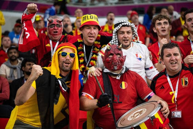 221123 Fans of Belgium during the FIFA World Cup 2022 football match between Belgium and Canada on November 23, 2022 in Doha Photo Joel Marklund PHOTO AGENCY code JM JM0385 bbeng football football soccer football world cup football world cup football world cup 2022 fifa world cup 2022 belgium belgium canada canada audience,  Copyright: JOELxMARKLUND BB221123JM108