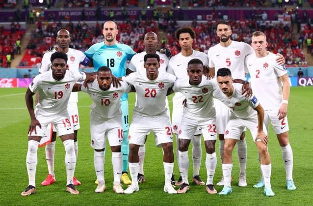 Al Rayyan, Qatar, 23rd November 2022. Back row from left: Atiba Hutchinson, Milan Borjan, Kamal Miller, Tajon Buchanan, Steven Vitoria, Alistair Johnston. Front row from left: Alphonso Davies, Junior Hoilett, Jonathan David, Richie Laryea and Stephen Eustaquio of Canada during the FIFA World Cup, WM, Weltmeisterschaft, Fussball 2022 match at Ahmad bin Ali Stadium, Al Rayyan. Picture credit should read: David Klein Sportimage EDITORIAL USE ONLY. No use with unauthorised audio, video, data, fixture lists, club league logos or live services. Online in-match use limited to 120 images, no video emulation. No use in betting, games or single club league player publications. SPI-2059-0005
