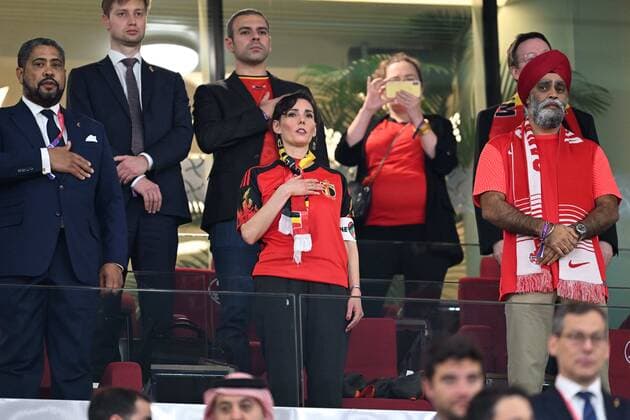 DOHA, QATAR - NOVEMBER 23 : Van Den Bulck Paul President of Royal Belgian Football Federation and Belgian Minister of Foreign affaires Hadja Lahbib (MR) during the FIFA World Cup, WM, Weltmeisterschaft, Fussball Qatar 2022 Groupe F match between Belgium and Canada at the Ahmad Bin Ali Stadium on November 23, 2022 in Doha, Qatar, 23 11 2022 ( Belgium v Canada - FIFA World Cup Qatar 2022 PhotoNews Panoramic 