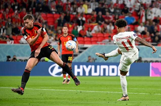 DOHA, QATAR - NOVEMBER 23 : Vertonghen Jan defender of Belgium & Buchanan Tajon forward of Canada during the FIFA World Cup, WM, Weltmeisterschaft, Fussball Qatar 2022 Groupe F match between Belgium and Canada at the Ahmad Bin Ali Stadium on November 23, 2022 in Doha, Qatar, 23 11 2022 ( Belgium v Canada - FIFA World Cup Qatar 2022 PhotoNews Panoramic 